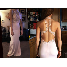 Column Scoop Neck Floor-Length Jersey Prom Dress with Beading Appliques Lace Sequins